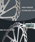 Close-up of high-grade stainless steel 180mm disc brake rotor with measurement tool showing 1.8mm thickness, heavy-duty build.