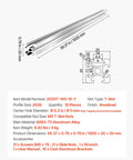 Kickass 2020 Aluminum Extrusion Profile Featuring Slick Anodized T Slot Linear Rail for Heavy Duty CNC and 3D Printer DIY Workbench Assembly Silver 10 Pack showing detailed dimensions and specifications.