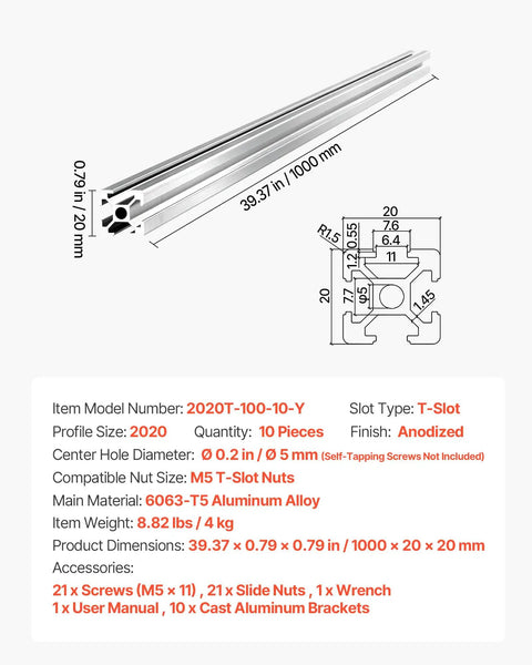Kickass 2020 Aluminum Extrusion Profile Featuring Slick Anodized T Slot Linear Rail for Heavy Duty CNC and 3D Printer DIY Workbench Assembly Silver 10 Pack showing detailed dimensions and specifications.