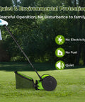 12 Inch Push Reel Lawn Mower With Adjustable Cutting Height From 0.67 To 1.3 Inches And 5 Blade Power For Effortless, Clean Cuts And Quick Yard Maintenance On Weekends. Manual reel mower on grass with bag, shown as quiet, no-fuel lawn care.