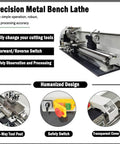 Lgxenzhuo 1100W Double Head Mini Metal Lathe With MT5 Spindle Taper And 8x32 Inch Bench for precision woodworking, showing controls and features.