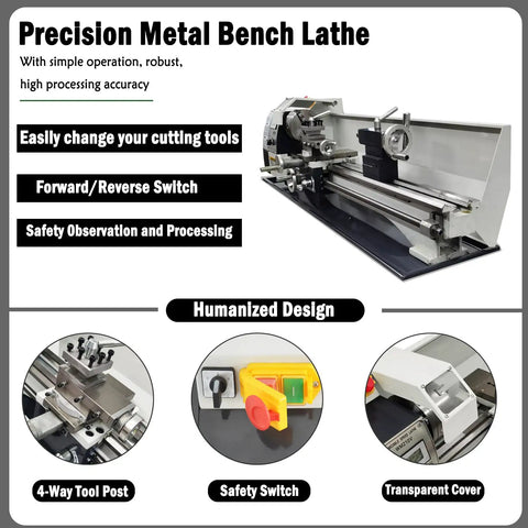 Lgxenzhuo 1100W Double Head Mini Metal Lathe With MT5 Spindle Taper And 8x32 Inch Bench for precision woodworking, showing controls and features.