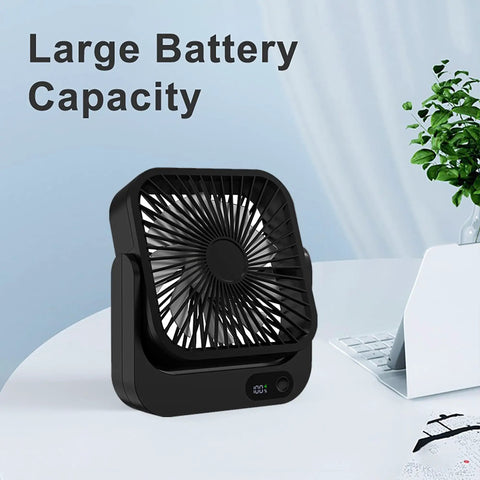 Magnetic Travel Fan With Five Adjustable Speeds Cruise Ship Approved Battery Powered Personal Cooler on a desk showing large battery capacity.
