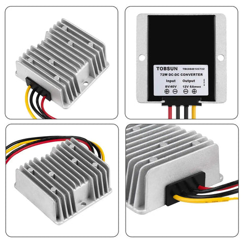 Workhorse DC 8V To 40V Step Down Voltage Converter showing compact design and clear input-output labeling for reliable power management.