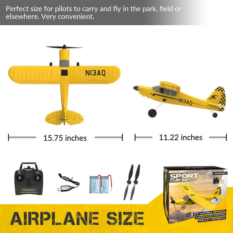 Sport Cub RC Plane Trainer No Brainer To Fly with 400mm wingspan, yellow design, 3 flight modes, box, and accessories shown.