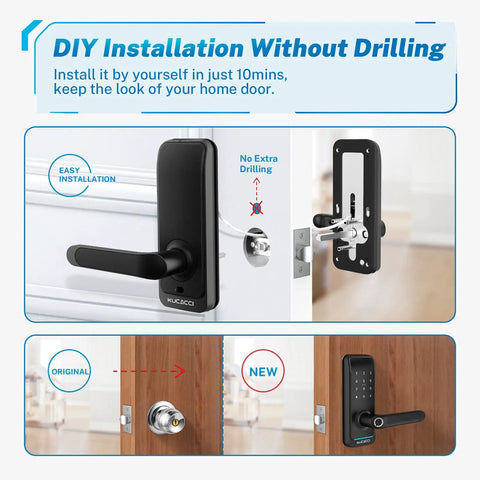 Installation of Keyless Entry Digital Door Lock For Front Door With Fingerprint And Passcode App Control And Remote Unlock Key Fob And Alexa Voice Unlock No Fuss Easy Installation Black on a wooden door, highlighting easy installation without drilling.