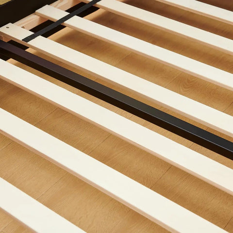 Wooden slats and solid frame of 3D Dino Headboard Kids Bed With Safety Guardrails, Double Size, Solid Wood Frame, Raised Padded Rails, Terry Cloth Fabric Upholstery For Cozy Sleep Time