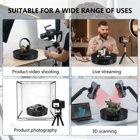 Motorized Rotating Display Stand 7.87 Inch Electric Spinning Turntable in use for product video shooting and live streaming.