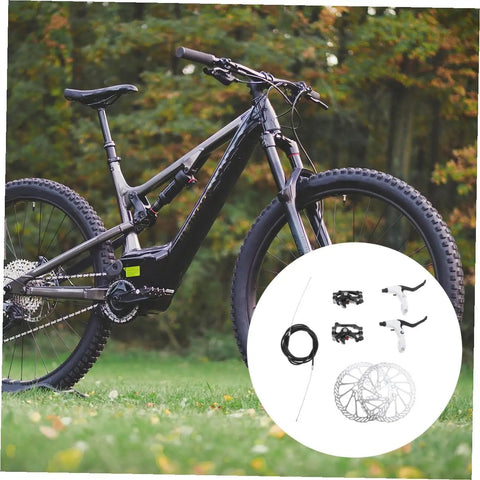 Top Shelf Mountain Bike Disc Brake Kit Featuring Robust Hydraulic Mechanical Calipers With Snappy Engagement And Rock Solid Coated Rotors For Reliable Trail Control, displayed with bike frame and installation parts.