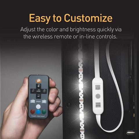 Hand holding remote for LED TV Backlight Strip Lights With USB Power, Remote Control, 15 Ambient Color Options And 10 Brightness Modes For 60