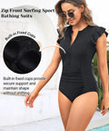 Black Zip Front One Piece Swimsuit With Rash Guard Short Sleeve For Women Built In Padded Bra Tummy Control Surfing And Water Sports Bathing Suit For All Day Beach Vibes showing built-in fixed cups
