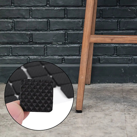 48 Pack Black Rubber Feet Pads Non Slip Floor Protectors for furniture and appliances, showing pad texture and use on chair leg.