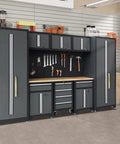 Beefy Nine Piece Garage Storage Cabinet System With Rolling Chest Workbench Pegboard And Wall Cabinets for tool organization