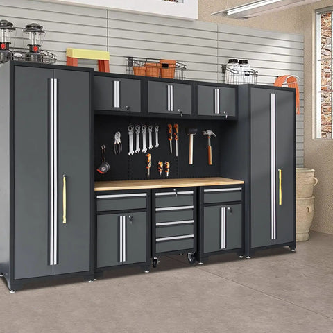 Beefy Nine Piece Garage Storage Cabinet System With Rolling Chest Workbench Pegboard And Wall Cabinets for tool organization