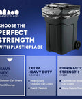 Beefy 64 To 65 Gallon Black Trash Bags Heavy Duty Toter Can Liners with image showing trash can and strength options.