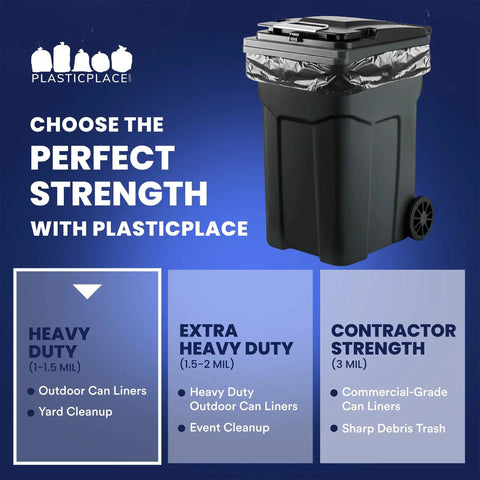 Beefy 64 To 65 Gallon Black Trash Bags Heavy Duty Toter Can Liners with image showing trash can and strength options.