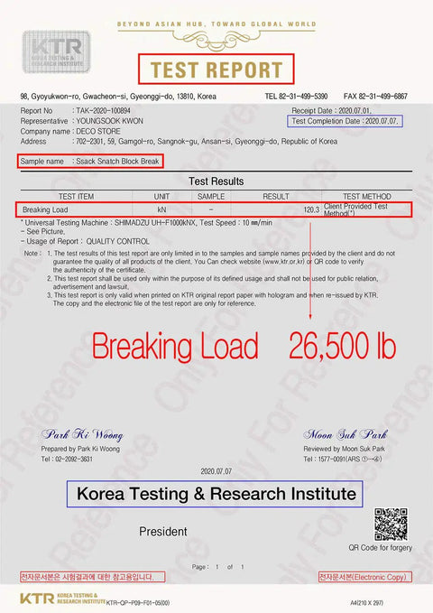 Test report showing breaking load of Heavy Duty Snatch Block Pulley For Winches With Synthetic Rope Compatibility And 29000 Lbs Max Load