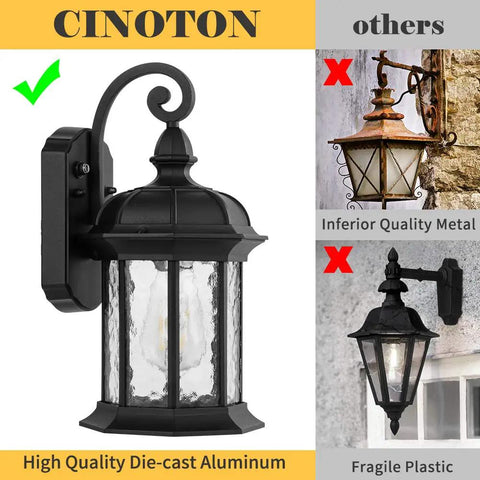 Dusk to Dawn Outdoor Wall Lights With Water Ripple Glass Waterproof Lanterns comparison showing high-quality die-cast aluminum.