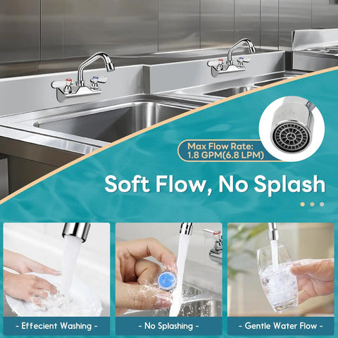 Leak Free Heavy Duty Commercial Kitchen Sink Faucet With 4 Inch Center And 10 Inch Swivel Spout Two Hole Wall Mount