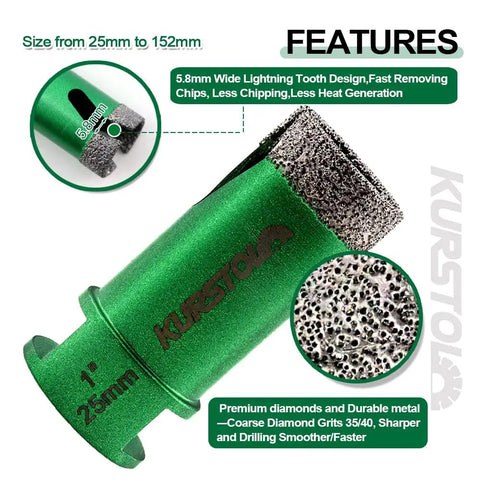 Kurstol 11 Piece Diamond Tile Hole Saw Kit With Beveling Bit And Cutting Disc For Porcelain Ceramic Granite Marble Heavy Duty Vacuum Brazed Core Drill Bits Easy To Use, showing a 25mm diameter diamond core drill.