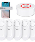 Five Pack Water Leak Sensor Kit With WiFi Gateway, 120dB Alarm And Real Time App Alerts, Leak And Drip Detector For Kitchen, Bathroom And Basement, Not 5G WiFi, 2.4G Compatible showing sensors and smartphone alert