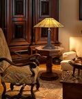 Cream Tiffany Style Stained Glass Table Lamp 24 Inch Tall With 16 Inch Square Shade in cozy living room setting