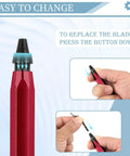 Close-up of Heavy Duty Deburring Tool Kit With 12 High Speed Steel Blades For 3D Prints Metal PVC And Plastic, red handle with blade swap.
