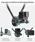 Neck Mount For Action Cameras With Chest Mount, POV Stabilizer showcasing adjustable angles for skiing and travel vlogging.