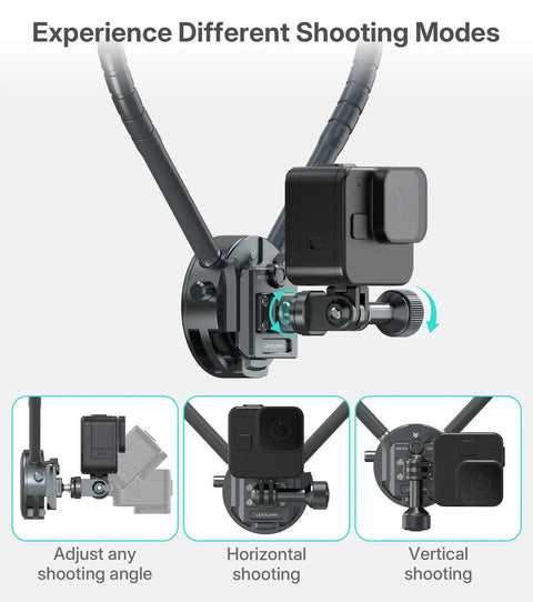 Neck Mount For Action Cameras With Chest Mount, POV Stabilizer showcasing adjustable angles for skiing and travel vlogging.