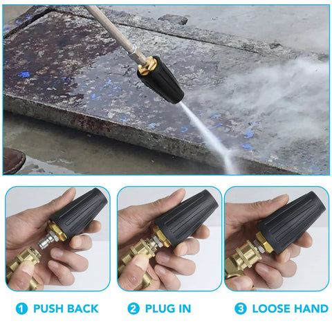 Front view of pressure washer turbo nozzle kit with 1/4-inch quick connector and brass pivot; 360° rotating spray and 7 nozzle tips