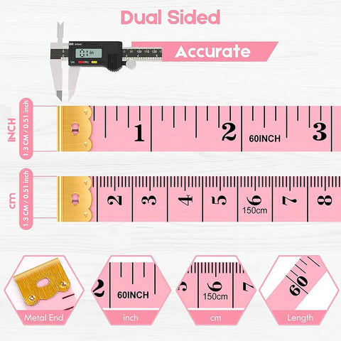 Soft Tape Measure 60 Inch Double Sided For Sewing And Tailoring 2 Pack showing cm and inch markings with caliper