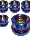 Premium Burnt Blue Titanium Flange Nuts M12x1.25 for your ride, heavy duty, corrosion proof, pack of 5.