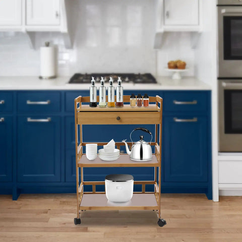 Heavy Duty Rolling Kitchen Cart With Drawer, Three Tier Bamboo Utility Island For Microwave And Coffee Station with kitchen items.
