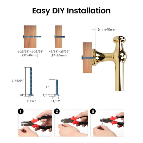 DIY installation of Champagne Gold Cabinet Pulls Set, 10 Pack 5 Inch Center Hole (128mm), with diagram and tools shown