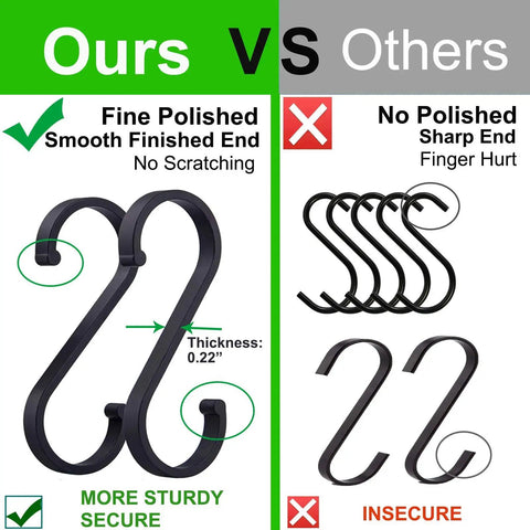 Comparison of Heavy Duty S Shaped Hooks For Hanging Pots And Pans Plants Cups Coats And Towels In Kitchen Bedroom Office Garden And Bath Matte Black 10 Pack Durable Aluminum Rust Resistant Multipurpose Everyday Use showing polished vs unpolished finish.