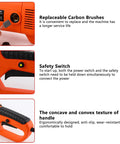 Heavy-Duty Electric Pipe Threader For One Half To 2 Inch Conduit With Integrated Hinge Wrench And Tapping Pack showing replaceable carbon brushes and ergonomic handle.