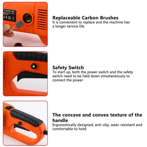 Heavy-Duty Electric Pipe Threader For One Half To 2 Inch Conduit With Integrated Hinge Wrench And Tapping Pack showing replaceable carbon brushes and ergonomic handle.