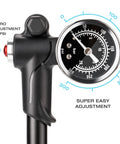Close-up of High Pressure Bike Shock Pump 300 PSI With Gauge For Mountain Bike Front Fork And Rear Suspension