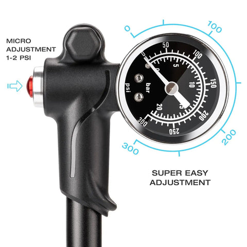 Close-up of High Pressure Bike Shock Pump 300 PSI With Gauge For Mountain Bike Front Fork And Rear Suspension