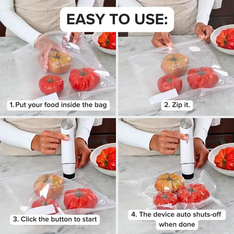 Compact Vacuum Sealer Kit With Glass Storage Containers and 30 Reusable Bags in use with tomatoes, step-by-step process shown