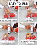 Person using Compact Handheld Vacuum Sealer For Food With 30 Reusable Bags Quick 5 Second Seal Portable Meal Saver That Keeps Food Fresh