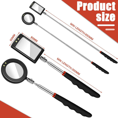 LED Mirror Inspection Set Must Have Two Piece Telescoping Round And Square Mirrors With Bright LED Light Ideal For Vehicle Maintenance And Small Part Checks Eyelashes And Mouth Compact Portable Great For Garage Toolbox Or Car shown with telescoping handles and dimensions.