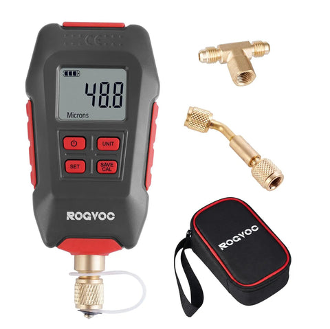 Digital HVAC Vacuum Gauge With Real Time Micron Readout 1/4 Inch SAE Connection Vacuum Meter For Refrigeration Systems And Heat Pumps Tracks Dehumidification And Impurity Removal During Service For Pros And DIY Techs. with brass adapters and case