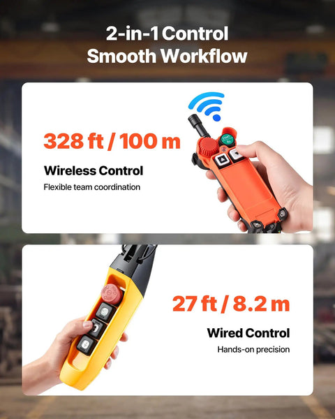 Wireless and wired control remotes for Heavy Duty 11000lb Electric Chain Hoist With Double Chain System And 30ft Lift Height.