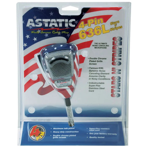 Stars N Stripes Noise Canceling 4 Pin CB Microphone With Rugged Chrome Grille in packaging with American flag design