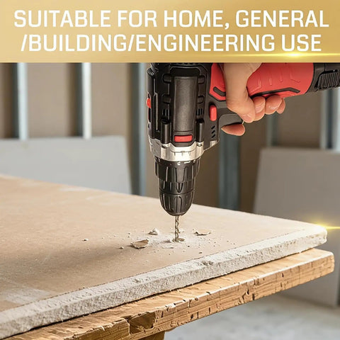 User drilling into drywall using a high-speed drill, demonstrating the 25 Piece Drywall Cutting Bit Set With Spiral Flute Design For Clean Rotary Work Includes High Speed Steel Guide Point Routers Perfect For Gypsum Board And Outlet Boxes A Rock Solid Straight Shooter.