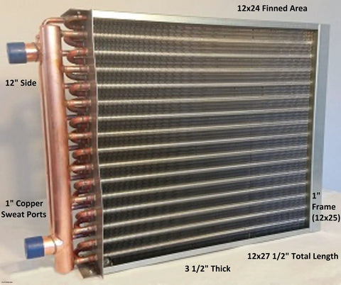 Badass 12 X 24 Water To Air Heat Exchanger With One Inch Copper Fittings and Zero Hassle Front Flange Mount Kit For Outdoor Wood Boilers and Top Shelf Furnace Plenums Churning Out Killer 115200 BTU, showcasing 1 inch copper sweat ports.