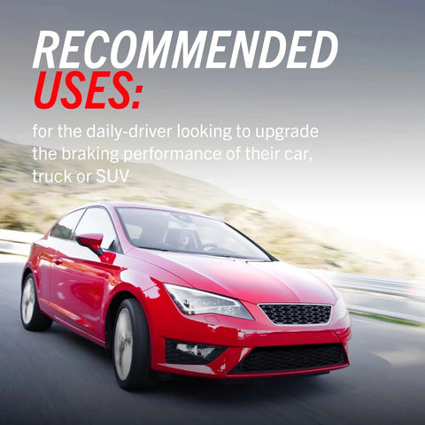 Automotive: red four-door sedan on highway with motion blur and large Recommended Uses text overlay
