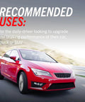 PowerStop brake kit banner: three-quarter front view red sedan on highway with recommended uses text overlay