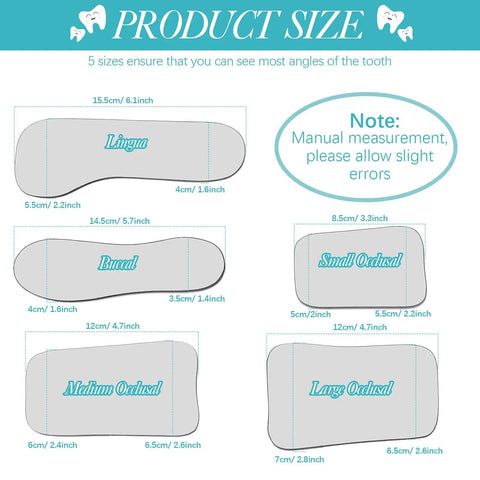 Five Piece Pro Grade Dental Mirror Kit With Five Unique Shapes For Intraoral Photography And Oral Inspection And Health Checks Double Sided Plated Glass Mirrors Includes Black Drawstring Bags Ideal For Clinic Dentist Office Or Home Use product size chart